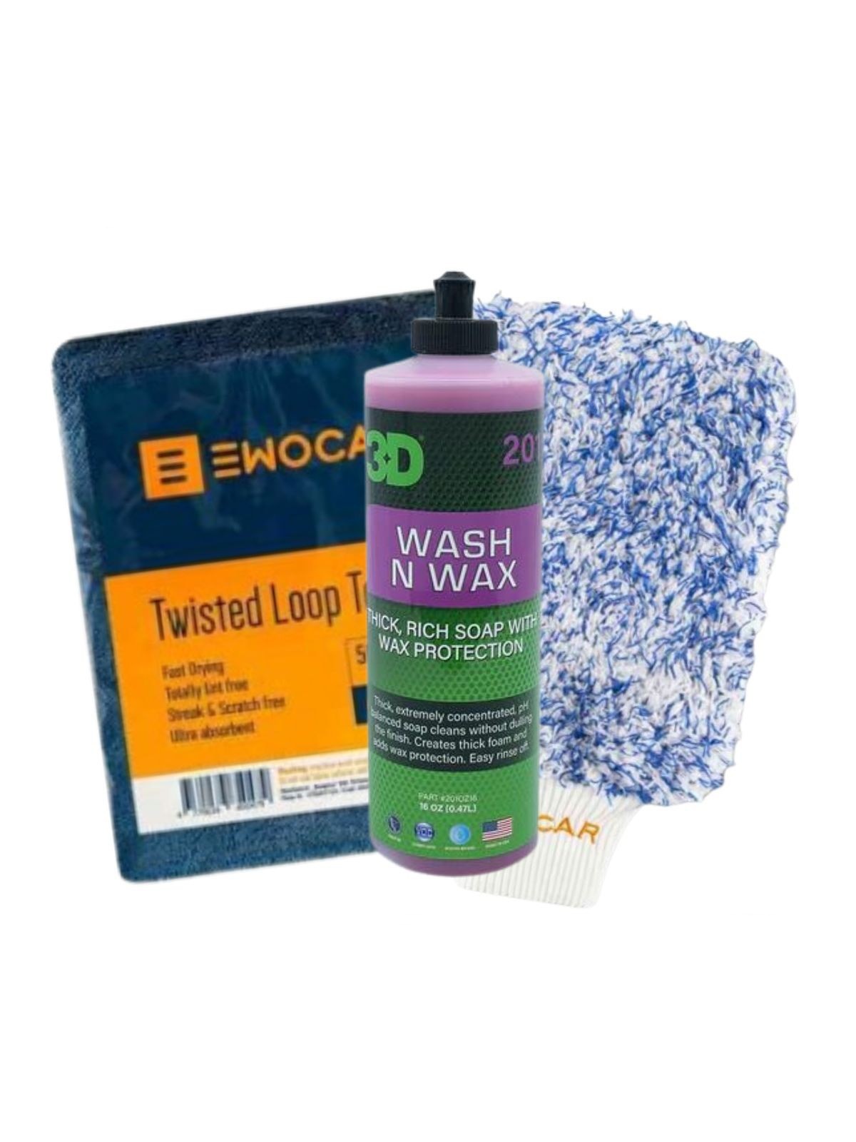 3D Wash N Wax šampūnas + Ewocar Wash Mitt + Ewocar Twisted Loop